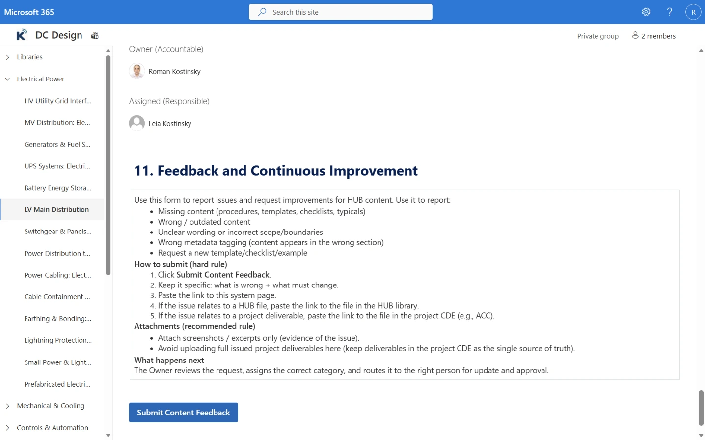 Engineering HUB content feedback and continuous improvement example