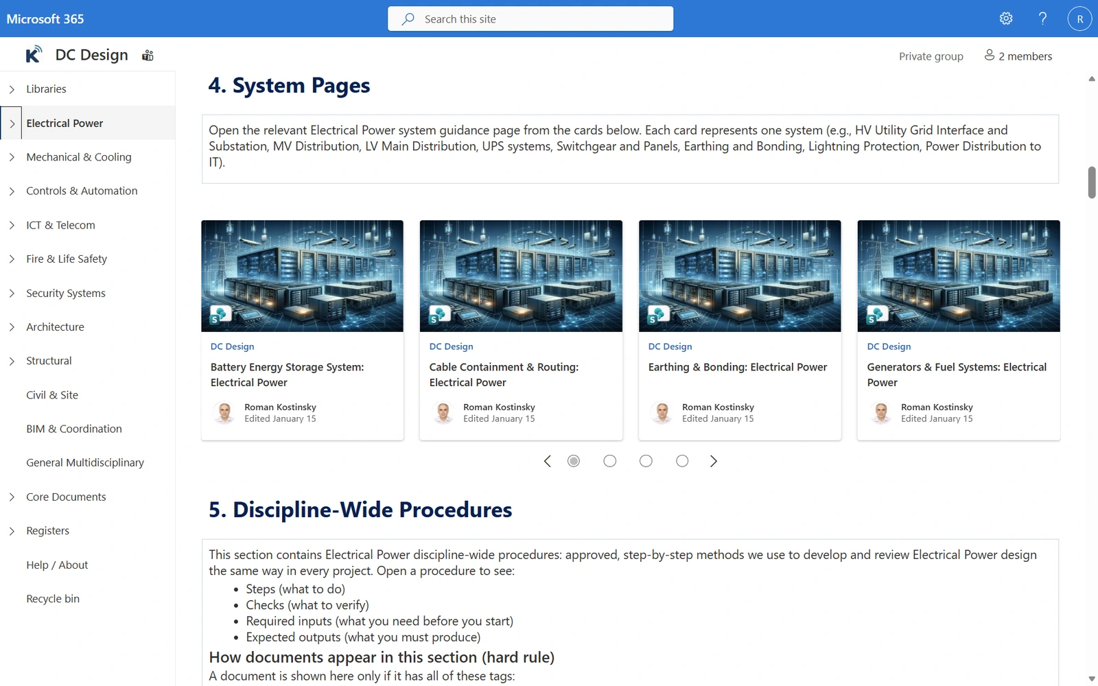 How content is organised in Engineering HUB - discipline page example for Electrical Power